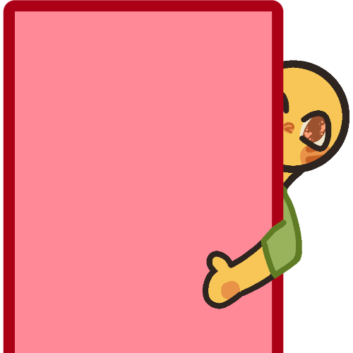 a red rectangle with a darker red outline. there’s a yellow person with brown eyes and a green shirt peaking out from behind it to the right 